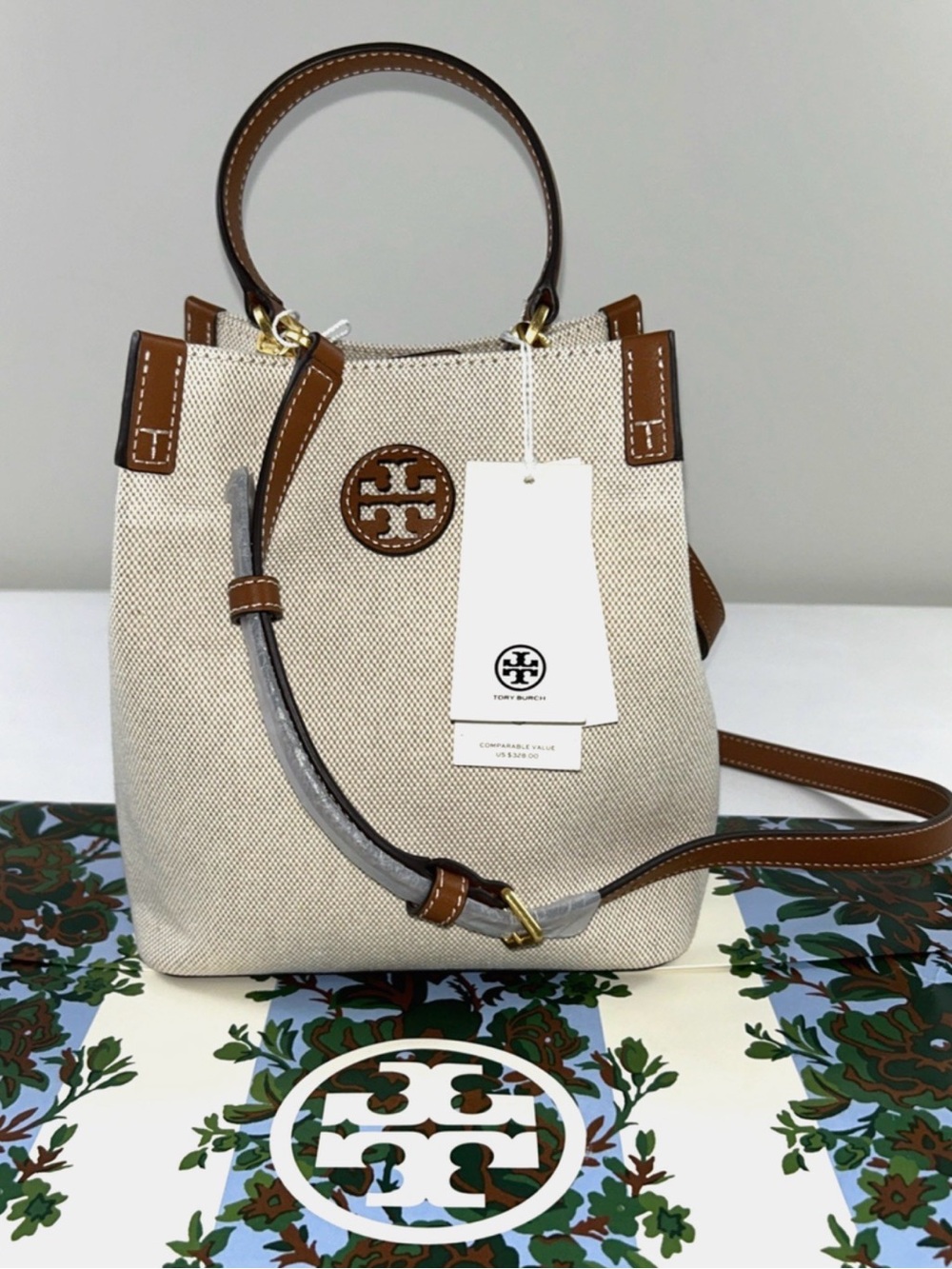 Tory Burch Cream Canvas Bucket Bag with Brown Leather Trim